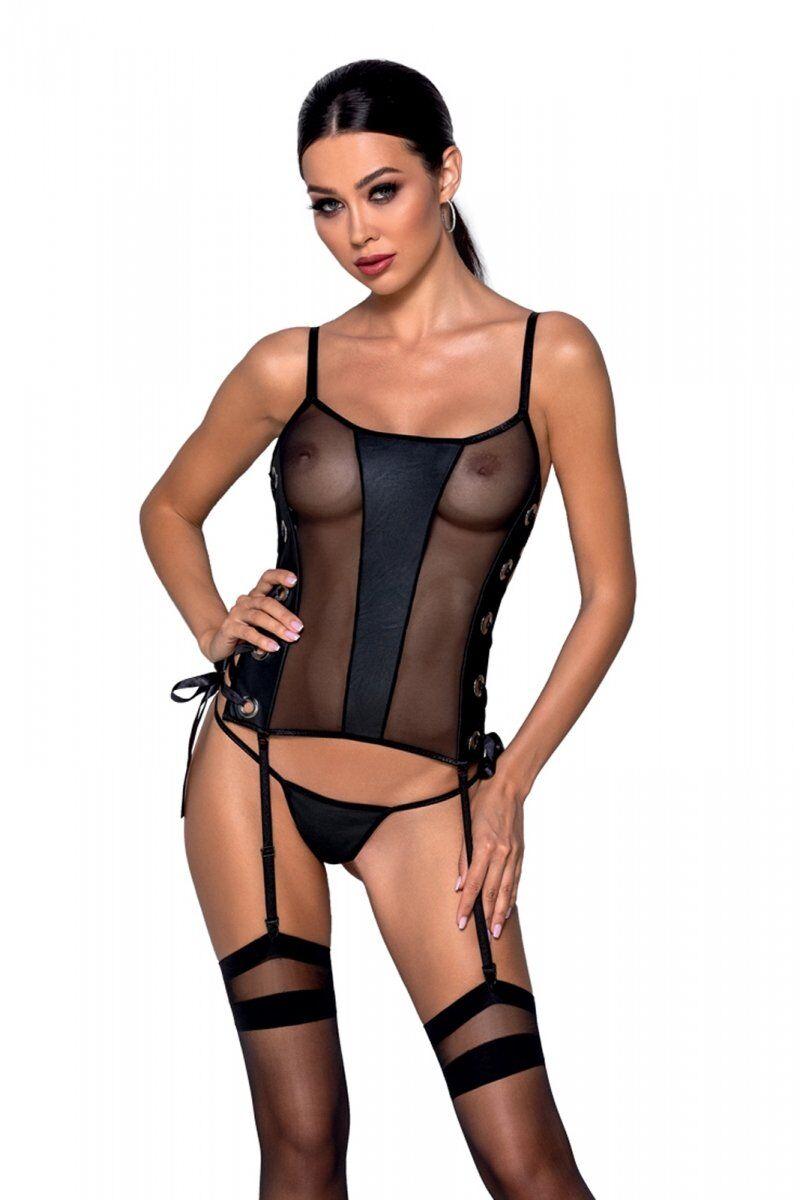 Сітчастий корсет з екошкіри Passion Malwia Corset black S/M: з люверсами та знімними пажами | Puls69