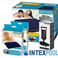 Велюровый двухместный надувной матрас Intex 64755 2 до 272 кг с двумя подушками и насосом синий Интекс