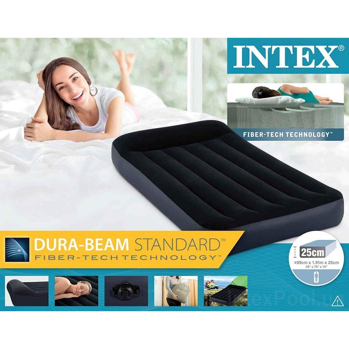 Велюровий одномісний надувний матрац Intex 64141 до 136 кілограмів у коробці чорний Інтекс