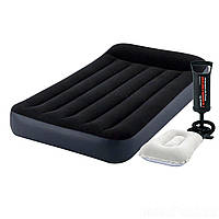 Велюровый одноместный надувной матрас Intex 64141 2 до 136 кг с подушкой и насосом черный Интекс