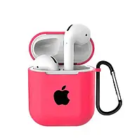 Чехол для AirPods/AirPods 2 silicone case with Apple ярко розовый с карабином