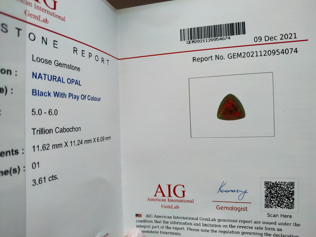 Кольцо с сертифицированным черным эфиопским опалом 3.61ct в огранке триллион кабошон 11.6 х 11.2 мм - фото 9 - id-p1591113978