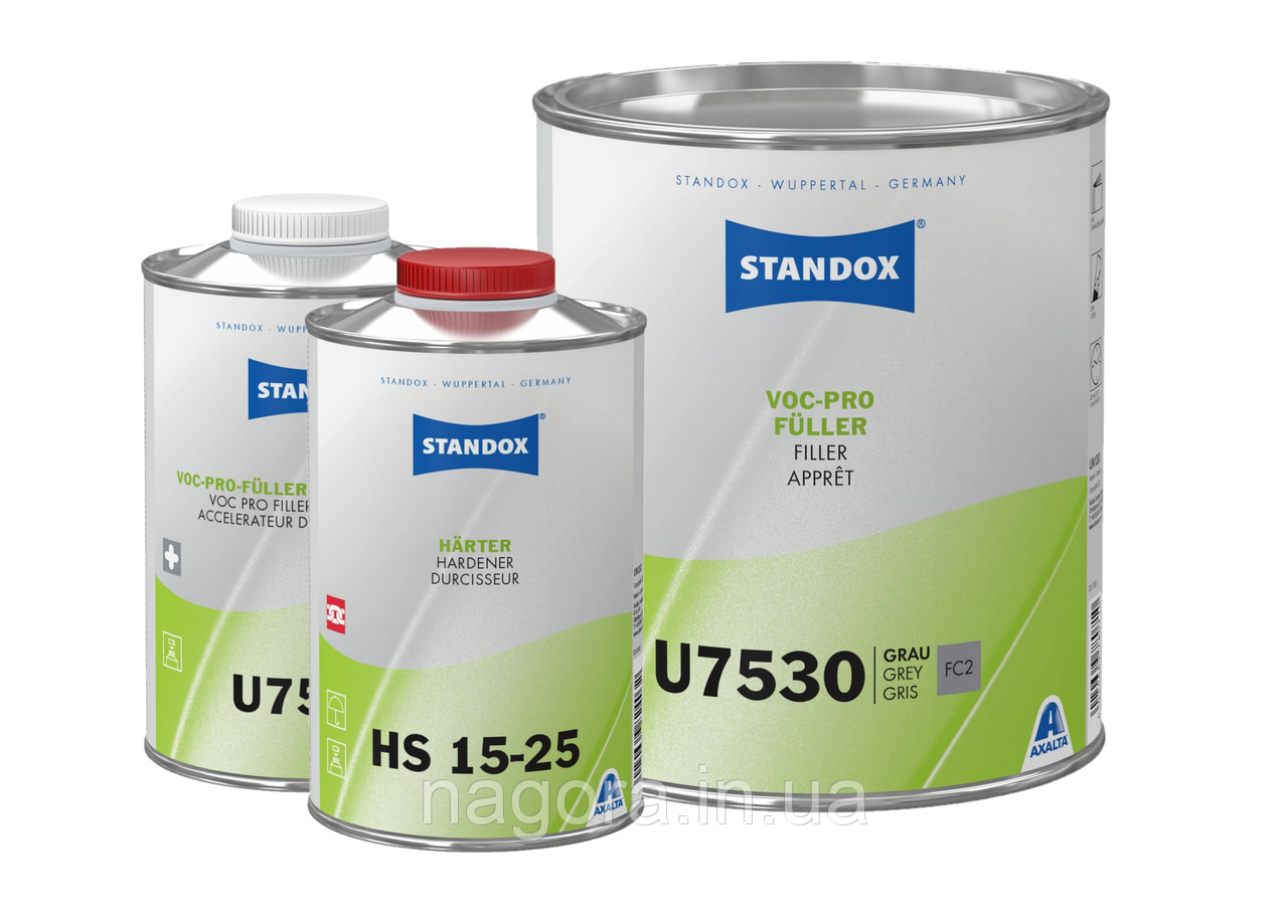 Грунт-наповнювач HS STANDOX, сірий, U7530 VOC Pro Füller 3,5 л + затверджувач 1л + прискорювач сушіння 1л, фото 1