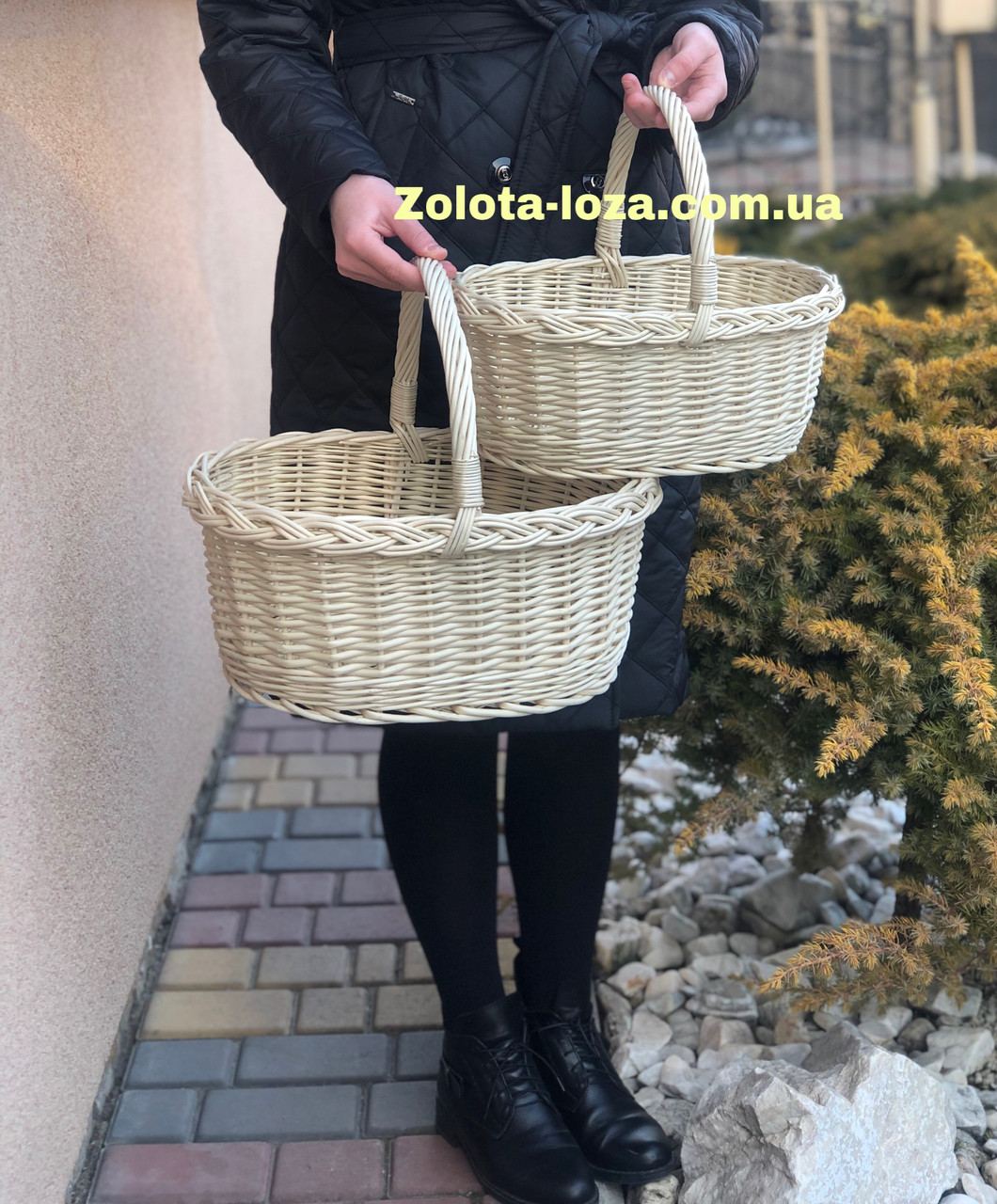Набір плетених вибілених кошиків з лози. Арт:30114