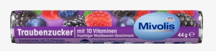 Декстроза Mivolis Traubenzucker Waldbeere mit 10 Vitaminen, 44 g