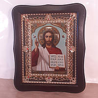 Икона Господа Вседержителя, лик 15х18 см, в темном деревянном киоте с камнями