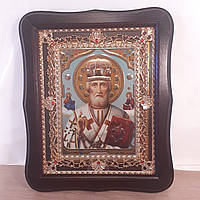 Икона Святителя Николая Чудотворца, лик 15х18 см, в темном деревянном киоте с камнями