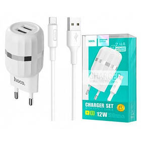 СЗУ блок Hoco C41A Wisdom (2USB/ 2.4A) + кабель Type-C білий