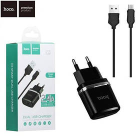 СЗУ блок Hoco C12 Smart (2USB/ 2.4A) + кабель Micro USB чорний