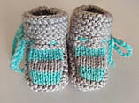 Дитячі в'язані пінетки шкарпетки для новонароджених 0-3-місяця сіро-м'ятного кольору, довжина стопи 8-9 см, фото 2