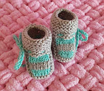 Детские вязаные пинетки носочки для новорожденных 0-3месяца серо-мятного цвета, длина стопы 8-9см