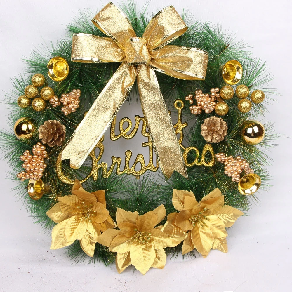 Новорічний, різдвяний вінок на двері 40 см штучний, з шишками та ялиною - Золото