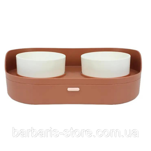 Миска для котів та собак подвійна керамічна на полиці на підставці коричневий посуд з кераміки для котів