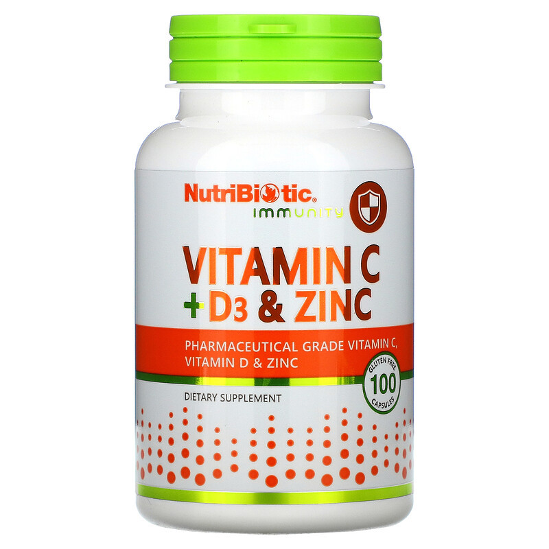 NutriBiotic, Immunity, вітаміни C + D3 і цинк, 100 капсул