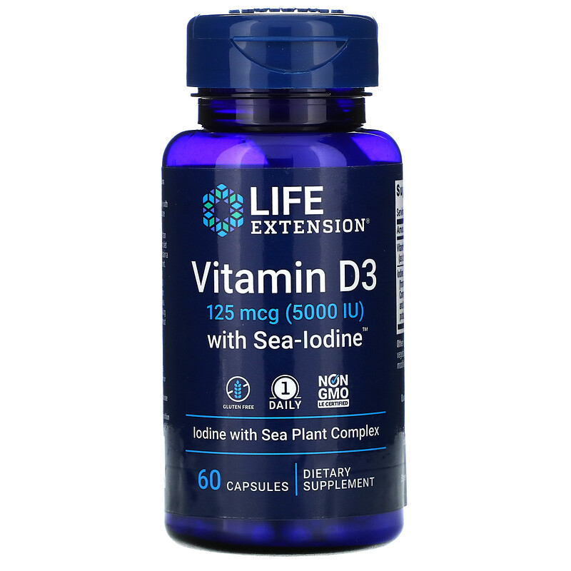 Life Extension, вітамін D3 з Sea-Iodine, 125 мкг (5000 МО), 60 капсул, фото 1
