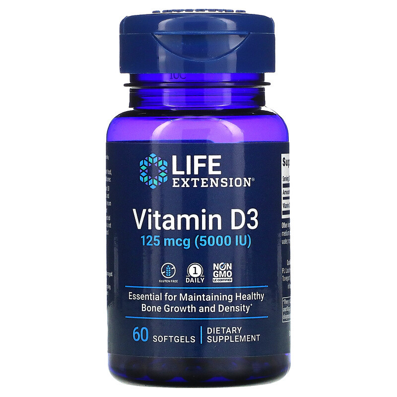 Life Extension, вітамін D3, 125 мкг (5000 МО), 60 капсул