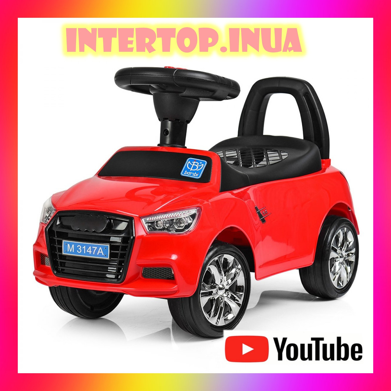 Дитячий толокар каталка Audi Ауді на колесах з гумовим покриттям, Bambi M 3147 (MP3) червоний