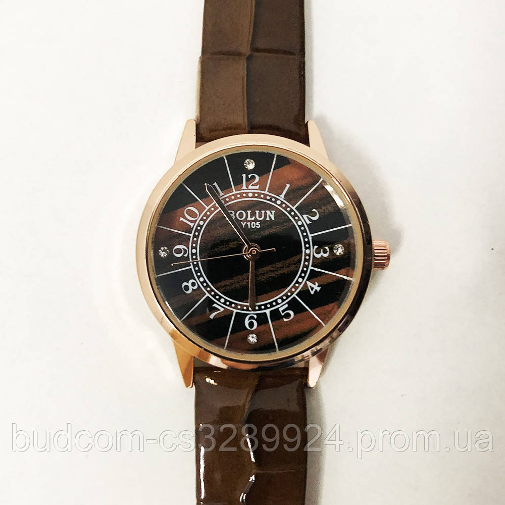 Стильные коричневые наручные часы женские. С блестящим ремешком. В чехле. Модель 27687