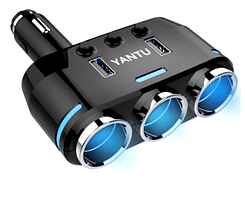Автомобільний розгалужувач прикурювача трійник YANTU 3 в 1 + USB 12-24 вольт Type A