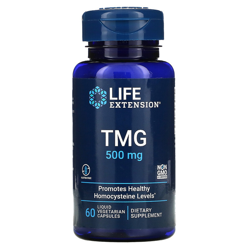 Life Extension, TMG, триметилгліцин, 500 мг, 60 вегетаріанських капсул з рідиною