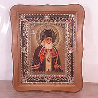 Икона Лука Святитель исповедник архиепископ Крымский, лик 15х18 см, в светлом деревянном киоте с камнями