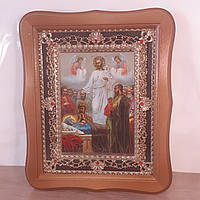 Икона Успение Пресвятой Богородицы, лик 15х18 см, в светлом деревянном киоте с камнями