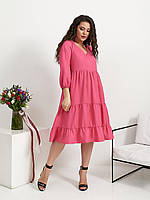 Женское платье розовое лен свободного кроя ниже колена с рукавами вырезом на груди большие размеры 50-52-54-56