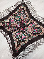Павлопосадский шерстяной платок тёмно-коричневый (52001)