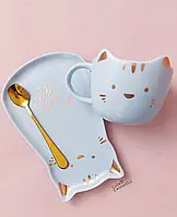 Набір блакитний "Cute Cat" : керамічна чашка + блюдце + ложечка.
