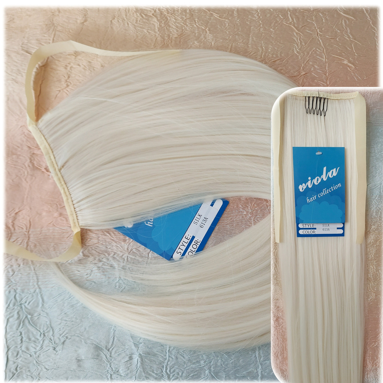 Хвіст прямий на стрічці термоволос сніжний блонд SILK-613А, фото 1