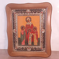 Икона София, Вера, Любовь, Надежда святые мученицы, лик 15х18 см, в светлом деревянном киоте с камнями