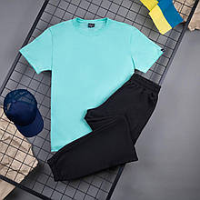 Комплект чоловічий літній Спортивні Штани + Футболка Casual чорний-бірюзовий спортивний костюм весняний ЛЮКС