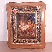 Икона Рождество Христово, лик 15х18 см, в светлом деревянном киоте с камнями