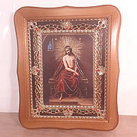 Икона Иисус Христос в терновом венце, лик 15х18 см, в светлом деревянном киоте с камнями