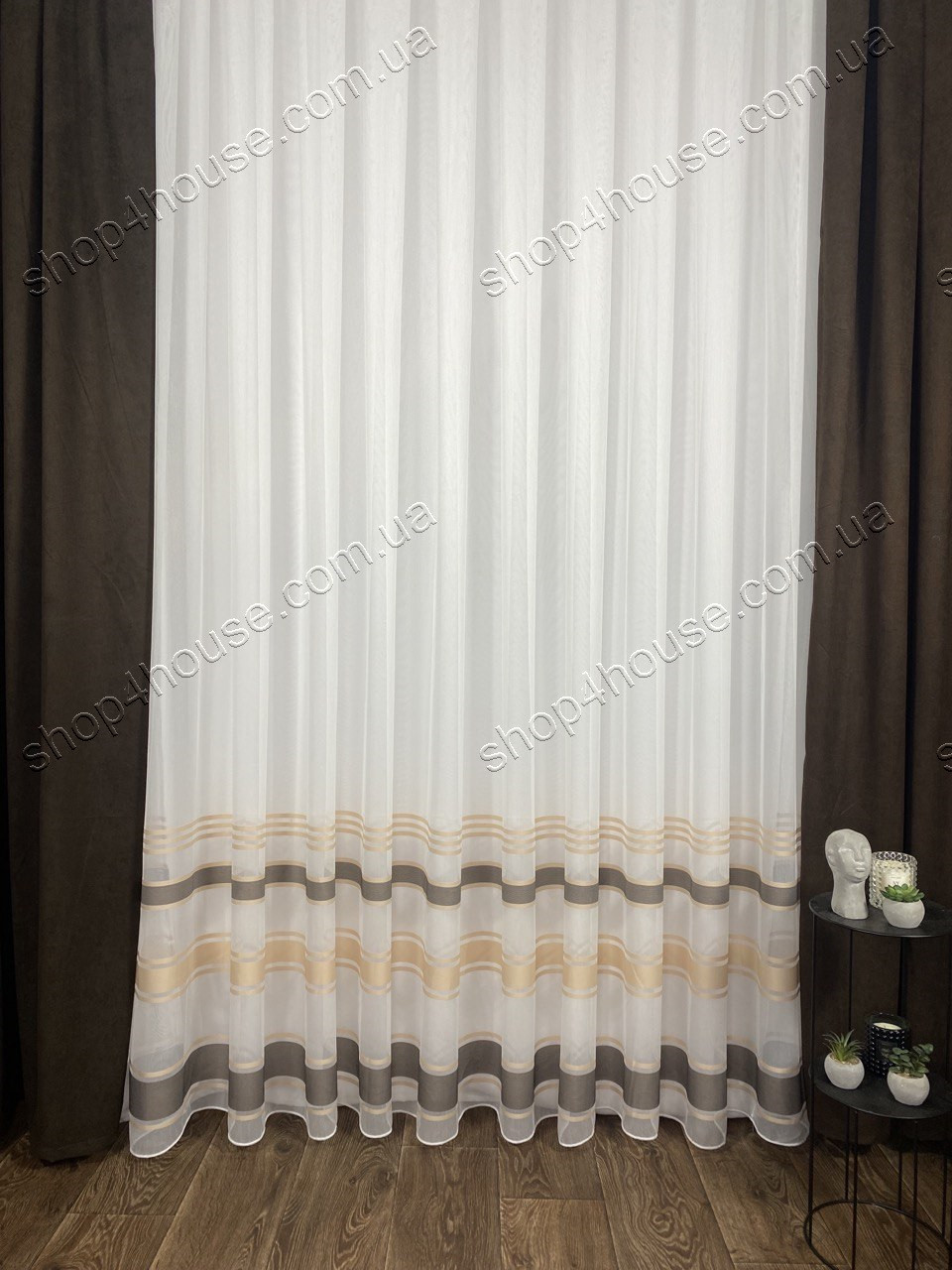 Ціна за 390смХ275см! Тюль на основі бамбуку у смужку. Колір: коричневий, фото 1