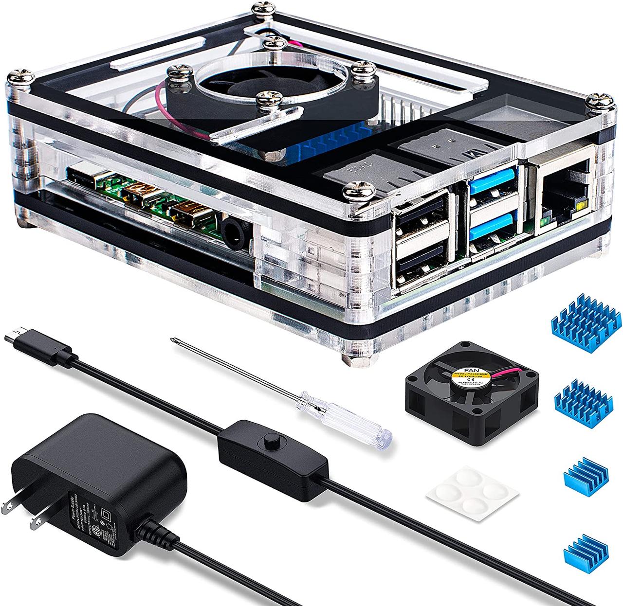 Чохол Miuzei для Raspberry Pi 4 B з 30-мм вентилятором, блок живлення Pi 4 Model B 5V 3A Type-C