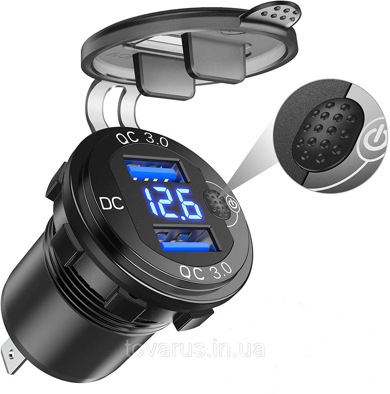Металева зарядка USB QC 3.0 з вольтметром і кнопкою в прикурювач