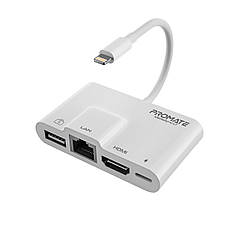 Адаптер Promate MediaSync-LT Lightning to USB 3.0 OTG/RJ45/HDMI/10Вт Lightning-in White