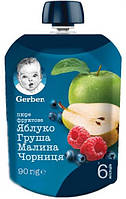 Gerber Пюре фруктовое Яблоко, груша, малина, черника (пауч) 6м+ (90 г)