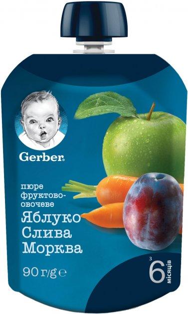 Фруктово-овочеве пюре Gerber Яблуко, слива, морква з 6 місяців 90 г - фото 1 - id-p623981739