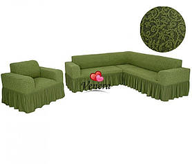 Чохол на кутовий диван і 1 крісло жакардовий з оборкою, натяжний, універсальний, оливковий, Venera