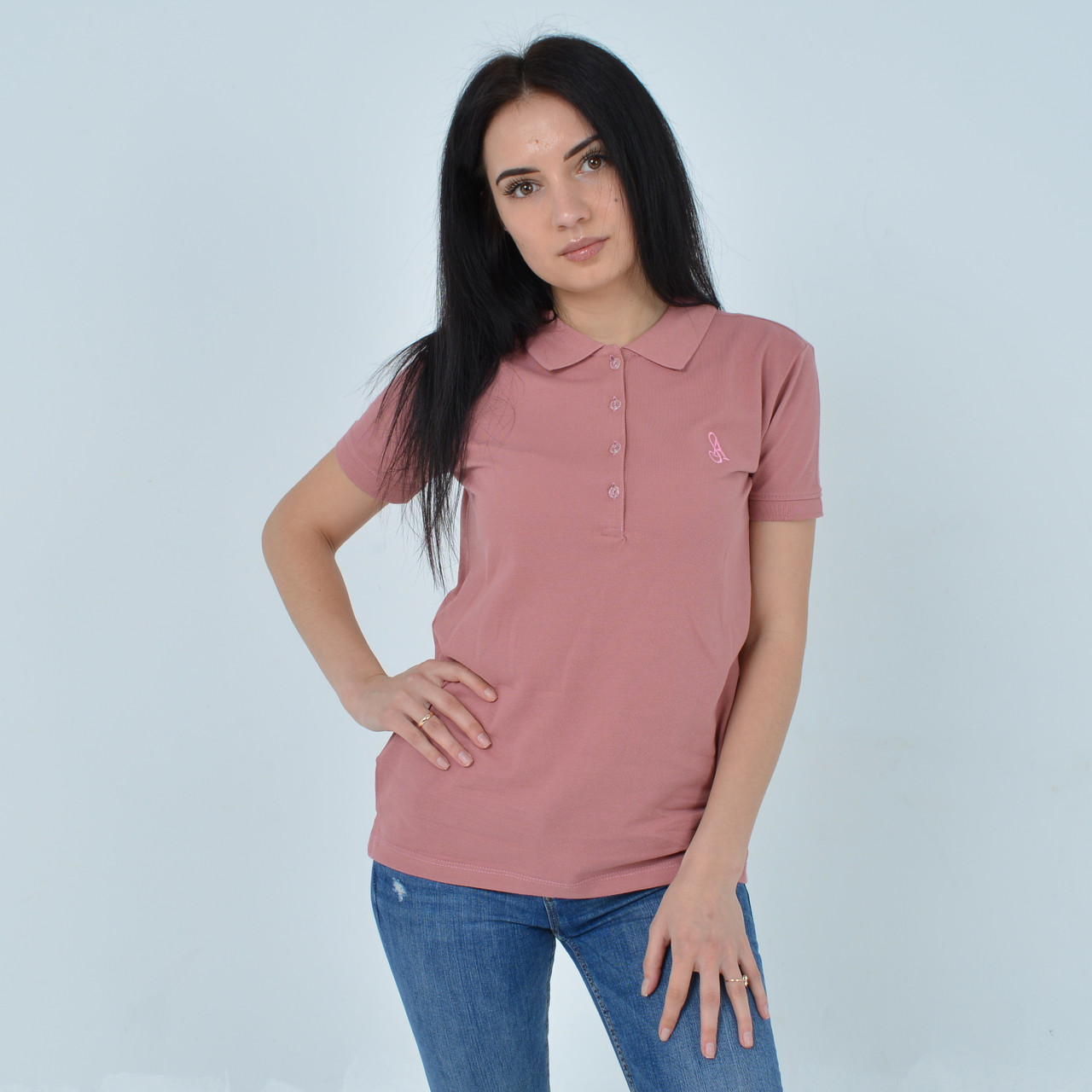 L,XL,2XL. Жіноча футболка поло / Samo - Узбекистан, м'який та приємний бавовняний матеріал, колір рожевий (пудра)