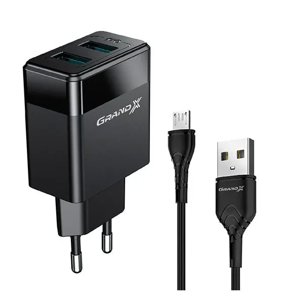 Зарядное устройство для телефона Grand-X CH-50U Black (microUSB 2xUSB 2.4A 5V сетевое)