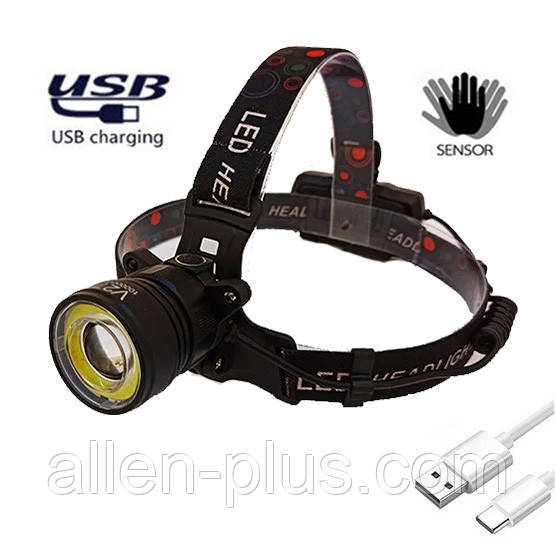Ліхтар акумуляторний налобний V27B-T6 USB, (датчик руху, 3 режими, microUSB)