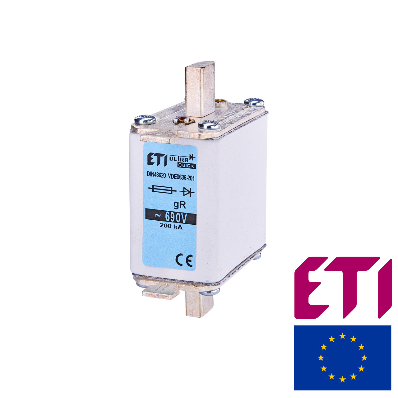 Предохранитель ETI M000UQ2 gR 35A 690V 200kA 4721209 ножевой сверхбыстрый (NH-00C), фото 1