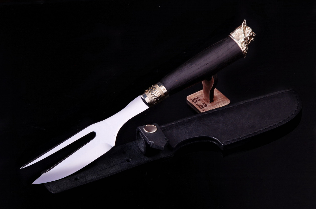 Незвичайний подарунок коханому - ніж-виделка ручної роботи "Рись", шкіряний чохол в комплекті