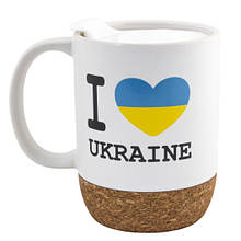 Кружка в подарунковій коробці зі знімною підставкою з пробки та кришкою-напувалкою "I Love Ukraine" 400 мл