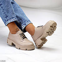 Бежеві шкіряні жіночі туфлі зі шнурками на низьких підборах, туфлі Україна 38