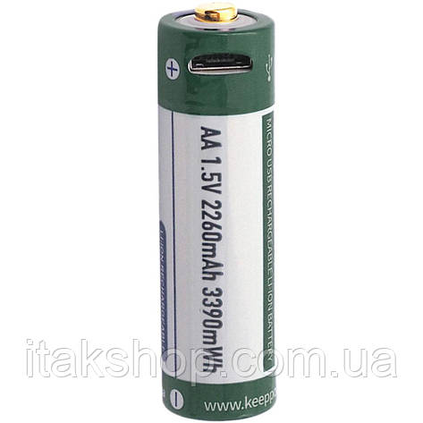 Акумулятор 14500 АА Keeeppower 1,5В 2260 mAh з microUSB (Зелений з білим), фото 2