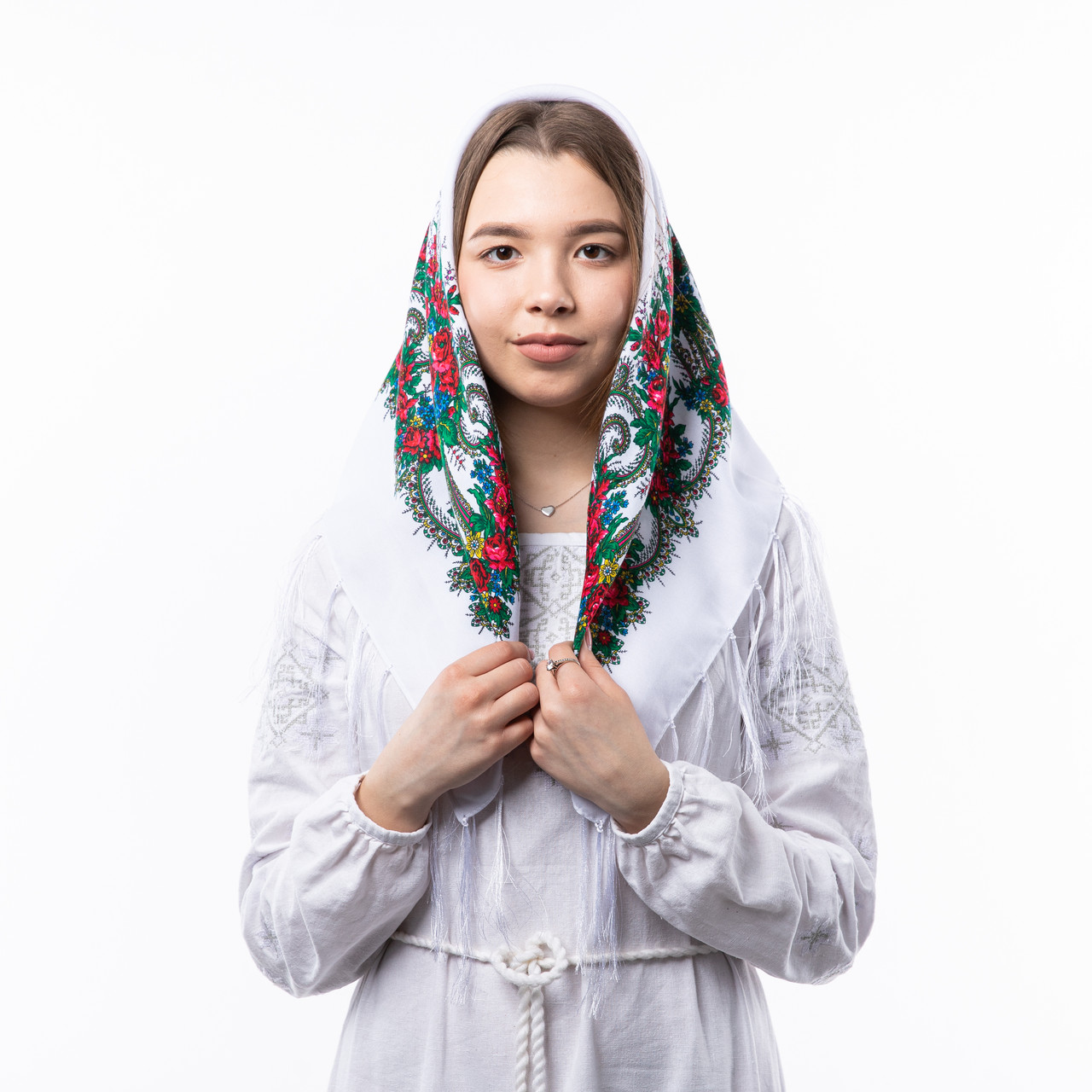 Хустка з шовковими тороками 80х80см Біла